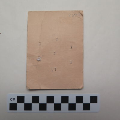Back of card.: Origsize: 3" (w) x 4.25" (l); Origformat: Artifact