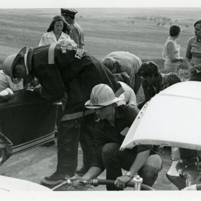 West Adams County Fire Dept. at a car accident near Broomfield, circa 1976: Origsize: 5" x 7"; Origformat: Print-Photographic; Resolution: 725dpi