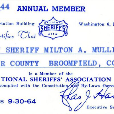National Sheriffs' Association card for Milton Mulligan, 1964: Origsize: 2.5" x 4"; Origformat: Other; Resolution: 1400dpi