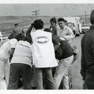 Broomfield Ambulance workers at a car accident near Broomfield, circa 1976: Origsize: 5" x 7"; Origformat: Print-Photographic; Resolution: 725dpi