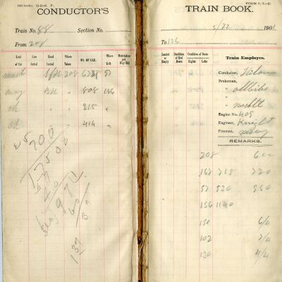 Inside of conductor's train book, 1901: Origsize: 4" x 8.5"; Origformat: Book; Resolution: 300dpi