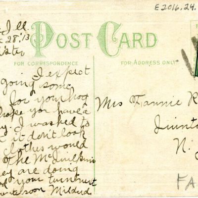 "A Happy New Year" postcard, back, 1913: Origsize: 3.5" x 5.5"; Origformat: Postcard; Resolution: 925dpi