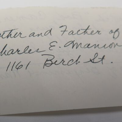 Close up of back of note.: Origsize: 4.25" (h) x 5.5" (w); Origformat: Artifact