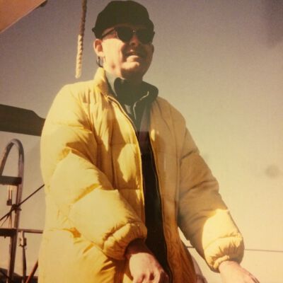 Donor's father wearing parka while sailing off of Santa Barbara in 1984.