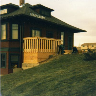Men working on Broomfield Depot Museum's new porch, 1987: Origsize: 3.5" x 3.5"; Origformat: Print-Photographic; Resolution: 1500dpi