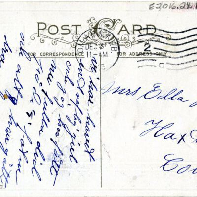 "A Happy New Year" postcard, back, 1913: Origsize: 3.5" x 5.5"; Origformat: Postcard; Resolution: 925dpi