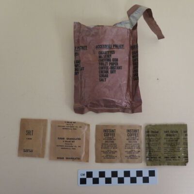 Packet with coffee, cream, sugar, and salt: Origsize: 4.75" (w) x 6" (l); Origformat: Artifact