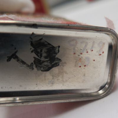 Bottom of spice tin of curry powder: Origsize: 3" (h) x 2.25" (w) x; Origformat: Artifact