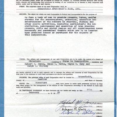 Broomfield Sportsmen's Club Certificate of Incorporation