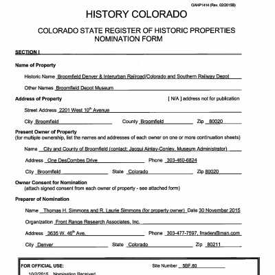 CO State Register of Historic Properties Nomination Form for Depot Museum