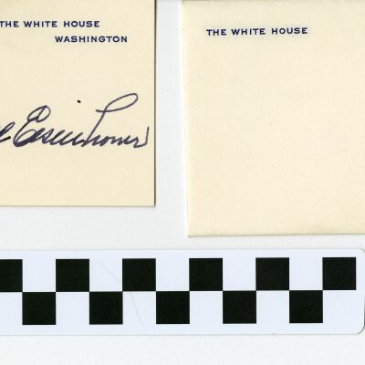 Autograph card with envelope, 1959: Origsize: 2.5" x 4"; Origformat: Other; Resolution: 300dpi