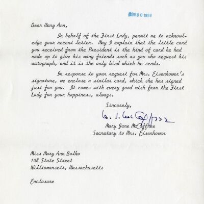 Letter from Mamie Eisenhower's secretary, 1959: Origsize: 8" x 10.5"; Origformat: Paper; Resolution: 300dpi