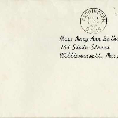 Envelope for letter and autograph card, 1959: Origsize: 4" x 8.75"; Origformat: Paper; Resolution: 300dpi