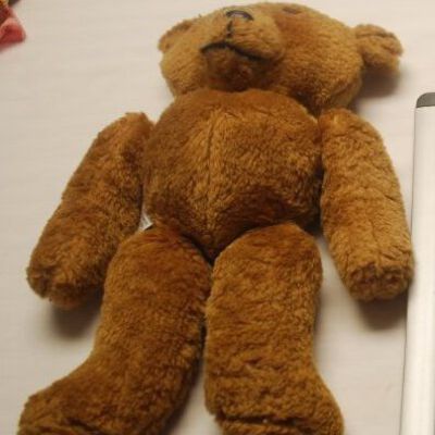Front of teddy bear: Origsize: 13" (h) x 8.5"(w) x; Origformat: Artifact
