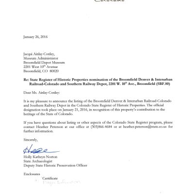 State Register of Historic Places Confirmation Letter for the Broomfield Denver & Interurban Railroad-Colorado & Southern Railway Depot
