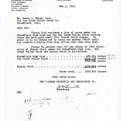 Correspondence and Lists from the Dry Creek Valley Ditch Company and the Farmers Reservoir and Irrigation Company