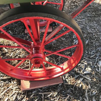 Close up of cart wheel.: Origsize: 80" (h) x 119"(l) x; Origformat: Artifact