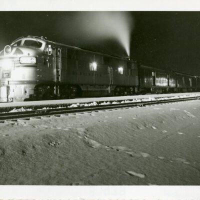 Texas Zephyr train in Boulder traveling at night, 1958: Origsize: 3.5" x 5"; Origformat: Print-Photographic; Resolution: 1000dpi