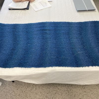 Blue blanket hand-crocheted by Mabel Massey for Amy Moir