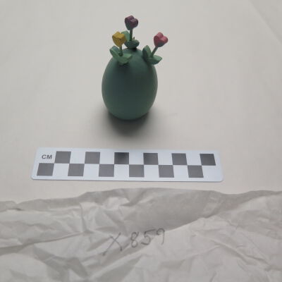 Side of wooden egg.: Origsize: 3" (h) x 1.5" (dia); Origformat: Artifact