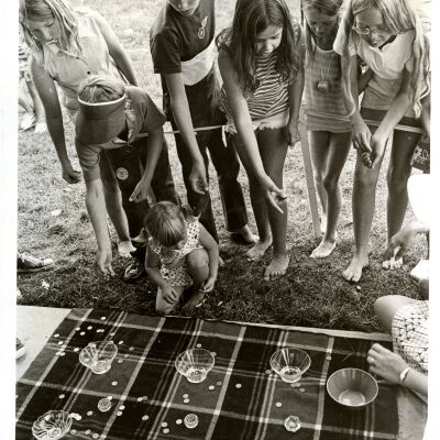 Broomfield Kids throwing coins into glasses - Broomfield Fun Day 1973