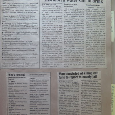 Scrapbook of Broomfield newspaper articles from Apr 1998- Aug 1998