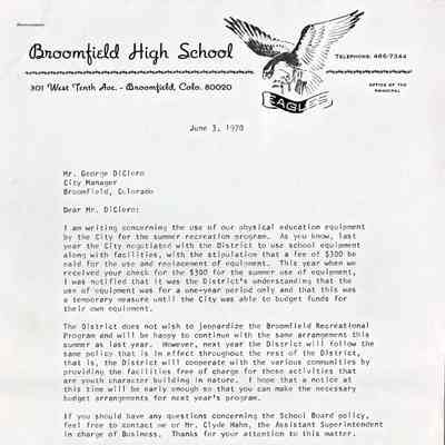Broomfield High School and Rec Center Letters/Information About Physical Education Equipment