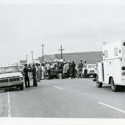 Emergency personell at a car accident near Broomfield, circa 1976: Origsize: 5" x 7"; Origformat: Print-Photographic; Resolution: 725dpi