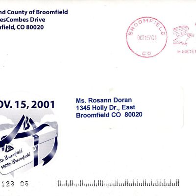 Envelope for "Birth of a City and County" invitation, 2001: Origsize: 4.75" x 6.5"; Origformat: Other; Resolution: 300dpi