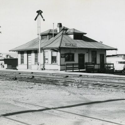 Broomfield train depot at its original location, circa 1970: Origsize: 7.5" x 9.5"; Origformat: Print-Photographic; Resolution: 550dpi