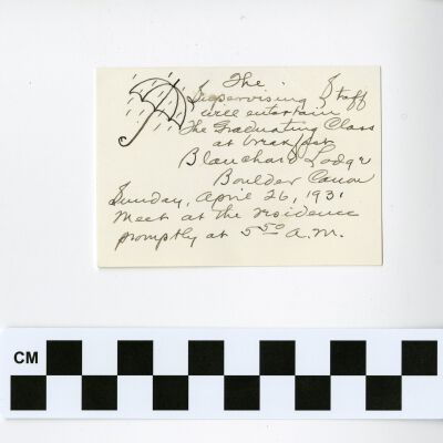 Invitiation card for ELla Mitze to a graduating class function, 1931: Origsize: 2.25" x 3.25"; Origformat: Other; Resolution: 300dpi