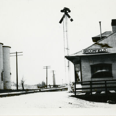 Front View of Broomfield Train Depot and Grain Silos