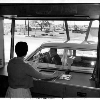 Jack Mefford at Empire Savings and Loan Drive-up Teller