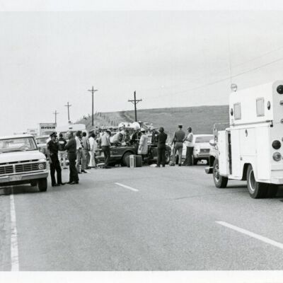 Emergency personell at a car accident near Broomfield, circa 1976: Origsize: 5" x 7"; Origformat: Print-Photographic; Resolution: 725dpi