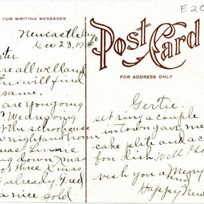 "A Merry Christmas" postcard, back, 1909: Origsize: 3.5" x 5.5"; Origformat: Postcard; Resolution: 925dpi