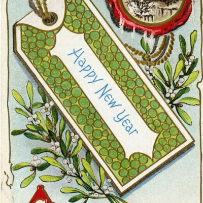 "Happy New Year Greetings" postcard, front, 1913: Origsize: 3.5" x 5.5"; Origformat: Postcard; Resolution: 925dpi