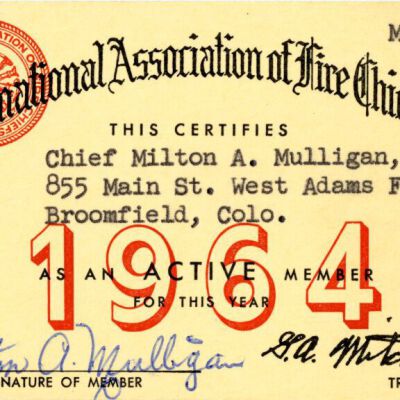 International Association of Fire Chiefs, Inc card of Chief Milton Mulligan: Origsize: 2.5" x 4"; Origformat: Other; Resolution: 1450dpi