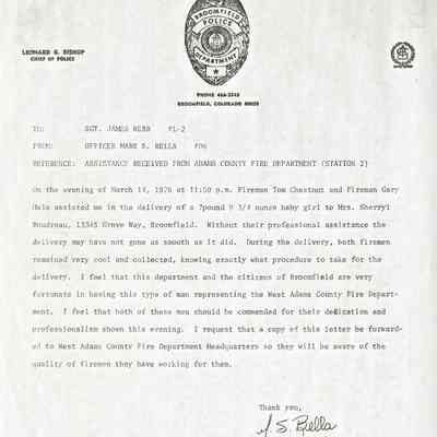 Letter About Delivery of Baby by Fire Department