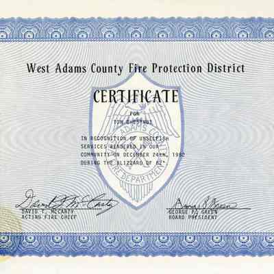 West Adams County Fire Protection District Certificate for Tom Chestnut