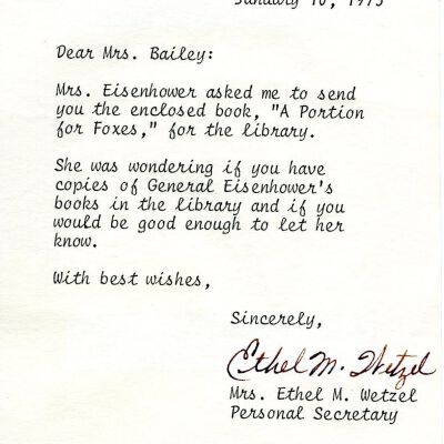 Letter to Mary Jane Bailey from Ethel M. Wetzel, secretary to Mamie Doud Eisenhower