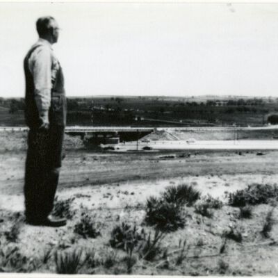 Ph.45a, Joseph Huddart overlooking the Denver-Boulder Turnpike, circa 1955: Origsize: 3.5" x 5"; Origformat: Print-Photographic; Resolution: 1000dpi