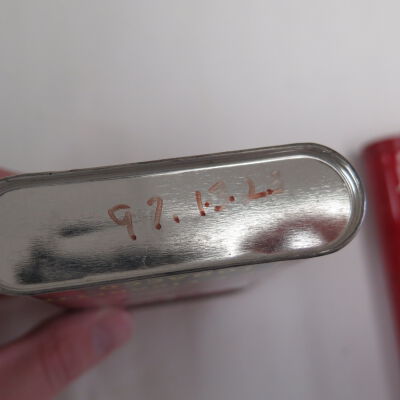 Number on bottom of tin.: Origsize: 4.5" (h) x 3" (w) x; Origformat: Artifact