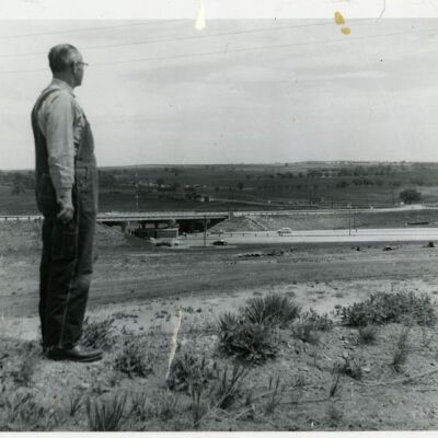 Joseph Huddart overlooking highways in Broomfield, circa 1955: Origsize: 5" x 6.5"; Origformat: Print-Photographic; Resolution: 800dpi