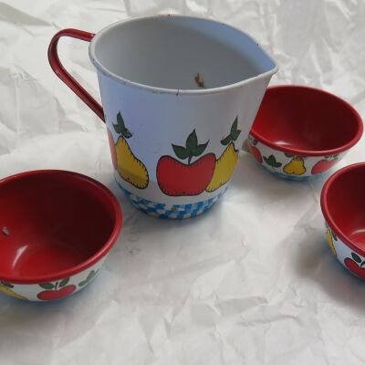 Set of 3 teacups and pitcher: Origsize: 1" (h) x 2.75" (d); Origformat: Artifact