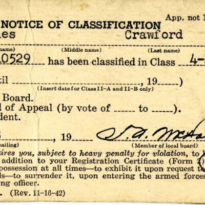 Selective Service card for Miles Crawford, 1943: Origsize: 2.5" x 4"; Origformat: Print-Photographic; Resolution: 1275dpi