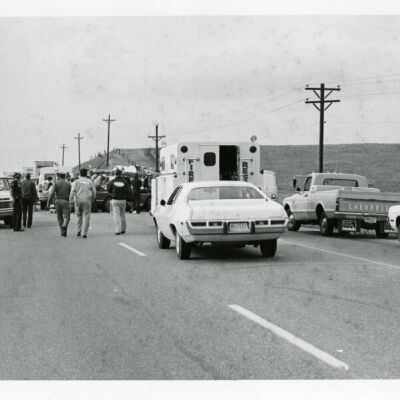 Emergency personell at a car accident near Broomfield, circa 1976: Origsize: 5" x 7"; Origformat: Print-Photographic; Resolution: 725dpi