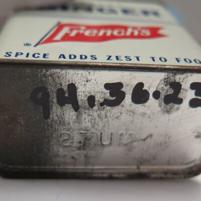 Bottom of tin: Origsize: 2.5" (h) x 2.25" (w); Origformat: Artifact