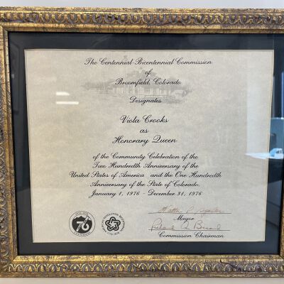 Certificate Designating Viola Crooks Honorary Queen of the Bicentennial/Centennial