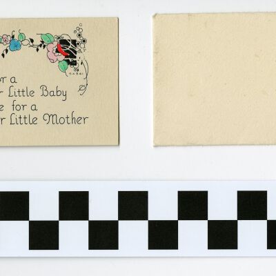 Gift Tag from the McKee Family to Ella Mitze Congratulating the Birth of Vic Thaete, with Envelope
