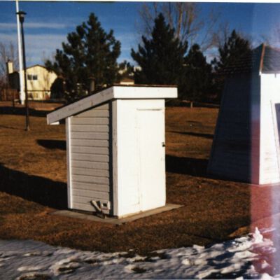 The outhouse and water pump outside Broomfield Depot Museum, undated: Origsize: 3.5" x 4.5"; Origformat: Print-Photographic; Resolution: 1100dpi
